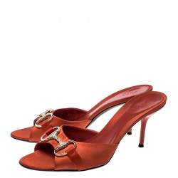 Pre Owned Gucci Orange Satin Crystal Embellished Horsebit Slides Size 37