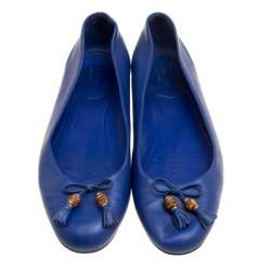 Pre Owned Gucci Blue Leather Bamboo Bow Ballet Flats Size 38.5
