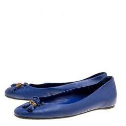 Pre Owned Gucci Blue Leather Bamboo Bow Ballet Flats Size 38.5