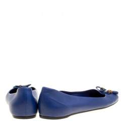 Pre Owned Gucci Blue Leather Bamboo Bow Ballet Flats Size 38.5