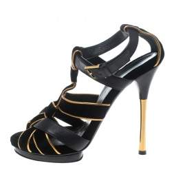 مملوكة مسبقًا صندل غوتشي ماليكا قطيفة سوداء وجلد بسيور مقاس 37.5