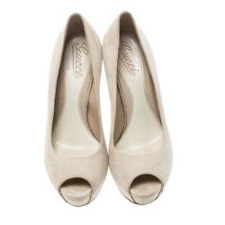 Gucci Beige Suede Sofia Peep Toe Platform Pumps Size 37