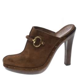 Pre Owned Gucci Brown Suede Horsebit Platform Clog Mules Size 39