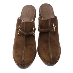 Pre Owned Gucci Brown Suede Horsebit Platform Clog Mules Size 39