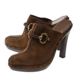 Pre Owned Gucci Brown Suede Horsebit Platform Clog Mules Size 39