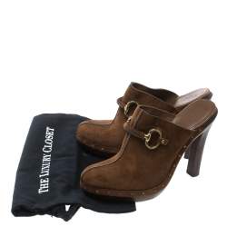 Pre Owned Gucci Brown Suede Horsebit Platform Clog Mules Size 39