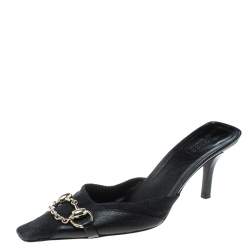 Pre Owned Gucci Black Guccissima Canvas Horsebit And Bits Chain Slides Size 37