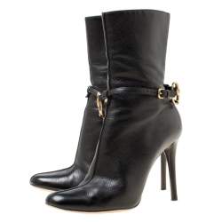 Pre Owned Gucci Black Leather Chain Link Ankle Booties Size 36