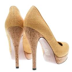 Gucci Yellow Woven Jute Bumblebee Cork Platform Pumps Size 37