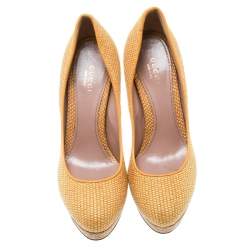 Gucci Yellow Woven Jute Bumblebee Cork Platform Pumps Size 37