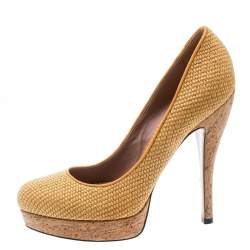 Gucci Yellow Woven Jute Bumblebee Cork Platform Pumps Size 37