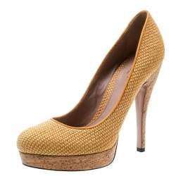 Gucci Yellow Woven Jute Bumblebee Cork Platform Pumps Size 37