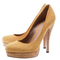 Gucci Yellow Woven Jute Bumblebee Cork Platform Pumps Size 37