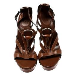 Gucci Brown Leather Icon Bit Ankle Strap Platform Sandals Size 37