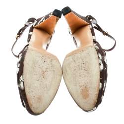Pre Owned Gucci Brown Leather And White Printed Canvas Ankle Strap Platfrom Sandals Size 40.5