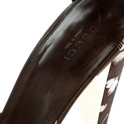 Pre Owned Gucci Brown Leather And White Printed Canvas Ankle Strap Platfrom Sandals Size 40.5