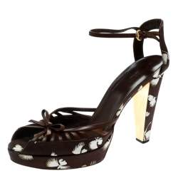 Pre Owned Gucci Brown Leather And White Printed Canvas Ankle Strap Platfrom Sandals Size 40.5