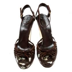 Pre Owned Gucci Brown Leather And White Printed Canvas Ankle Strap Platfrom Sandals Size 40.5