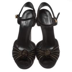 Pre Owned Gucci Black Suede Knot Detail Peep Toe Platform Sandals Size 36