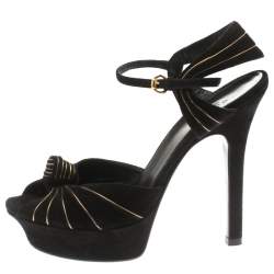 Pre Owned Gucci Black Suede Knot Detail Peep Toe Platform Sandals Size 36