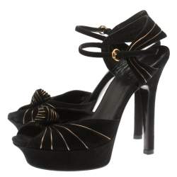 Pre Owned Gucci Black Suede Knot Detail Peep Toe Platform Sandals Size 36