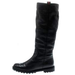 Pre Owned Gucci Black Leather Riding Web Detail Knee Boots Size 38