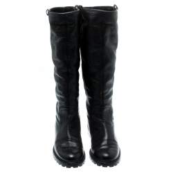 Pre Owned Gucci Black Leather Riding Web Detail Knee Boots Size 38