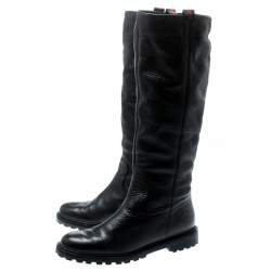 Pre Owned Gucci Black Leather Riding Web Detail Knee Boots Size 38