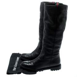 Pre Owned Gucci Black Leather Riding Web Detail Knee Boots Size 38