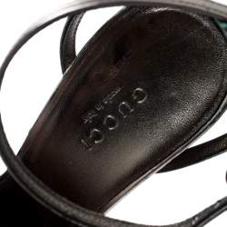 Gucci Metallic Grey Leather GG Chain Detail Ankle Wrap Sandals Size 34