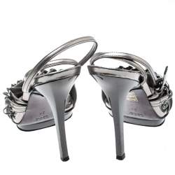 Gucci Metallic Grey Leather GG Chain Detail Ankle Wrap Sandals Size 34