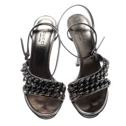 Gucci Metallic Grey Leather GG Chain Detail Ankle Wrap Sandals Size 34