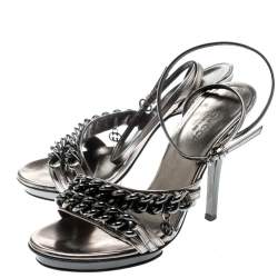 Gucci Metallic Grey Leather GG Chain Detail Ankle Wrap Sandals Size 34
