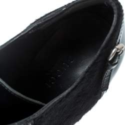 Pre Owned Gucci Black Leather And Pony Hair Buckle Detail Platform Ankle Booties Size 37