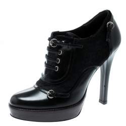 Pre Owned Gucci Black Leather And Pony Hair Buckle Detail Platform Ankle Booties Size 37