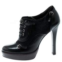 Pre Owned Gucci Black Leather And Pony Hair Buckle Detail Platform Ankle Booties Size 37