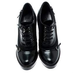 Pre Owned Gucci Black Leather And Pony Hair Buckle Detail Platform Ankle Booties Size 37