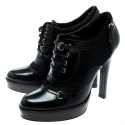 Pre Owned Gucci Black Leather And Pony Hair Buckle Detail Platform Ankle Booties Size 37