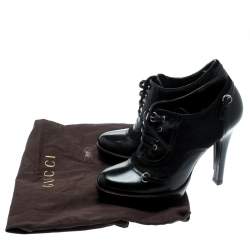 Pre Owned Gucci Black Leather And Pony Hair Buckle Detail Platform Ankle Booties Size 37