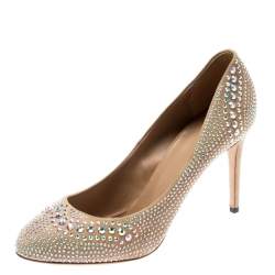 Pre Owned حذاء كعب عالي غوتشي مرصع كريستال سويدي بيج مقاس 41