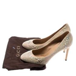 Pre Owned حذاء كعب عالي غوتشي مرصع كريستال سويدي بيج مقاس 41