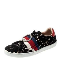 Gucci Black Lace/Satin Ace Web Crystal Embellished Sneakers Size 39