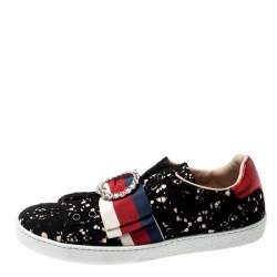 Gucci Black Lace/Satin Ace Web Crystal Embellished Sneakers Size 39