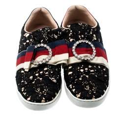 Gucci Black Lace/Satin Ace Web Crystal Embellished Sneakers Size 39