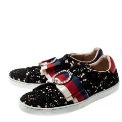 Gucci Black Lace/Satin Ace Web Crystal Embellished Sneakers Size 39