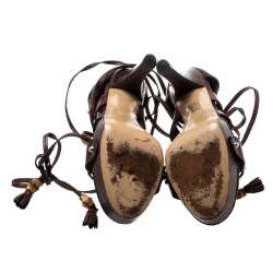 Pre Owned صندل غوتشي ملتف حول الكاحل نعل سميك عاجي جلد بني مقاس 36.5