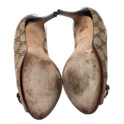 Pre Owned Gucci Beige GG Canvas And Leather New Hollywood Horsebit Peep Toe Pumps Size 35