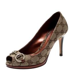 Pre Owned Gucci Beige GG Canvas And Leather New Hollywood Horsebit Peep Toe Pumps Size 35