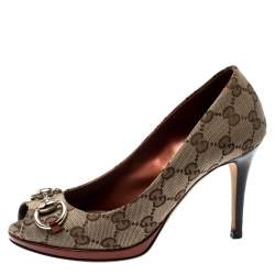 Pre Owned Gucci Beige GG Canvas And Leather New Hollywood Horsebit Peep Toe Pumps Size 35