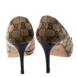 Pre Owned Gucci Beige GG Canvas And Leather New Hollywood Horsebit Peep Toe Pumps Size 35